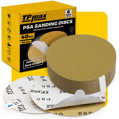 TPmax 6-Inch 80-Grit Gold PSA Sanding Discs, 40 Pack – Pro-Grade Self-Adhesive Stickyback Sandpaper with Quick-Release Tabs for DA Sander, Medium-Coarse Automotive/Wood/Metal Sanding - style: 80 Grit