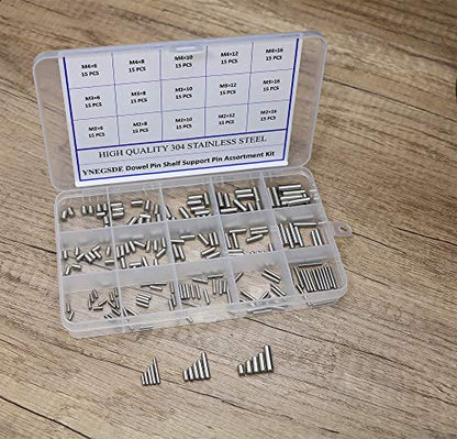 225 Pieces Dowel Pins Stainless Steel Shelf Support Pegs Pin Rod Fasten Elements Assortment Kit - Size Include M2 M3 M4