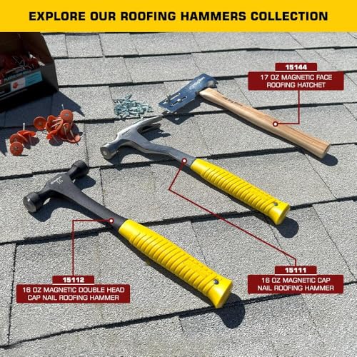 Big Horn 15112 16 Oz Magnetic Double Head Cap Nail Roofing Hammer – Dual Magnetic Faces, One-Handed Nail Placement – Single-Piece Forged Steel, Ergonomic Non-Slip Grips – Roofing, Dry-In, House Wrap - style: Double-Sided Roofing Hammer