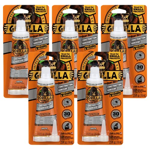 Gorilla Heavy Duty Construction Adhesive, White Glue, 2.5 Ounce Squeeze Tube (Pack of 5) - Gap Filling and Waterproof - size: 2.5 Ounce (Pack of 5)
