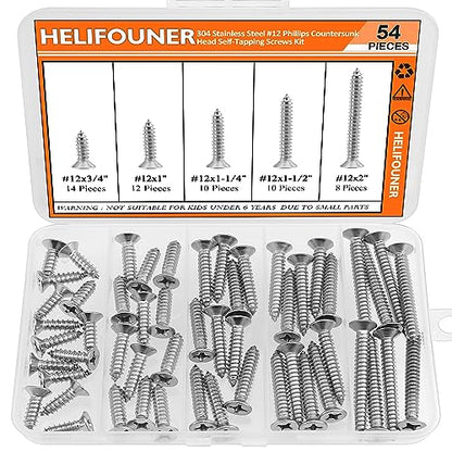 #12 x 3/4" 1" 1-1/4" 1-1/2" 2" Wood Screws Set, HELIFOUNER 54 Pieces Phillips Countersunk Head Self-Tapping Screws Assortment Kit, Phillips Flat Head Wood Screws, 304 Stainless Steel - size: #12