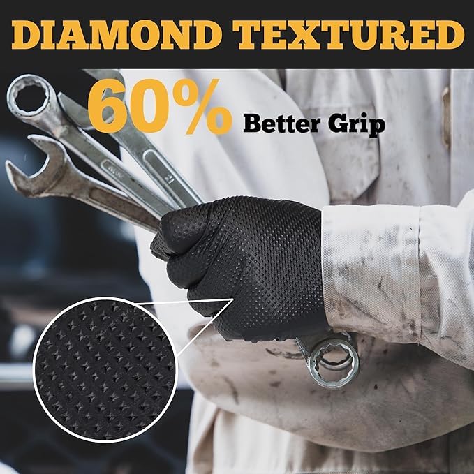 TitanFlex Heavy Duty Black Industrial Nitrile Gloves with Raised Diamond Texture, Latex Free 6mil - size: Large
