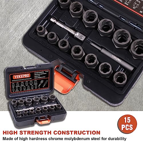 15PCS Impact Bolt & Nut Extractor Set, 3/8" Drive Extractor Socket Set - size: 15-Piece Bolt Extractor Set