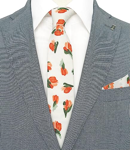 Cotton 2.5-Inch Skinny Floral Tie and Pocket Square Set for Men - color: 12