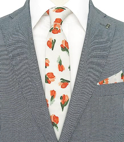Cotton 2.5-Inch Skinny Floral Tie and Pocket Square Set for Men - color: 12