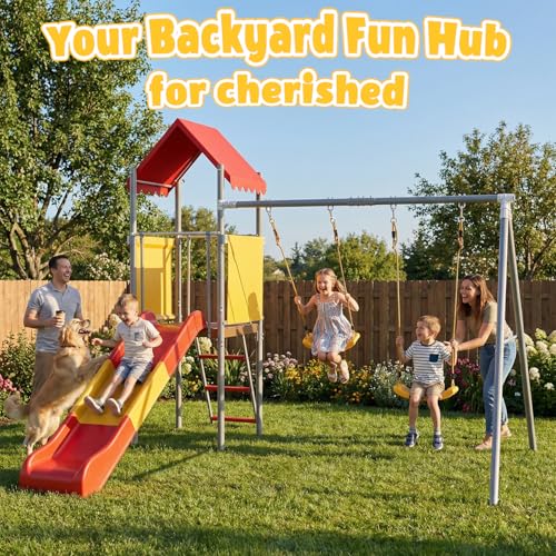 Mersco Playground Sets for Backyards, 440lbs Metal Heavy Duty Sturdy Swing Set with Slide & 2 Swing Seats, Upper Deck with Canopy, Outdoor Swing Sets for Backyard, for Kids