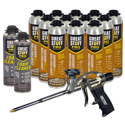 GREAT STUFF PRO Construction Adhesive for Wall & Floor 26.5oz, Polyurethane Foam Adhesive for Subfloors, Drywall & Foam Panels, One Component, Off White, Pack of 12 with Applicator (Standard Gun) - style: Standard Gun