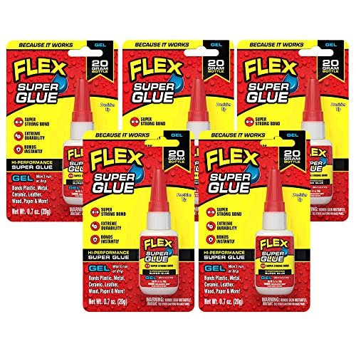 Flex Super Glue Gel, 20 Gram Bottle, 5-Pack, Clear, Instant Bond, Quick Dry, Cyanoacrylate Adhesive, Precision Tip for Wood, Metal, Plastic, Crafts, Ceramic, and Toy Repairs - size: 5-Pack, style: Gel 20 Gram Bottle