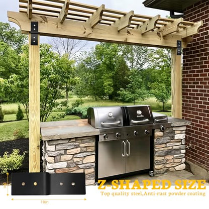4Pcs Z Pergola Kits,L/10“x W/3" Heavy Duty Steel Z Shaped Corner Bracket,for 4x6 4x6 4x8 Wood Post Pergola Lumber for Pergola,Gzebo,Porch,Hunt Cabin Wood Projects.