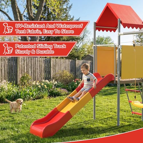 Mersco Playground Sets for Backyards, 440lbs Metal Heavy Duty Sturdy Swing Set with Slide & 2 Swing Seats, Upper Deck with Canopy, Outdoor Swing Sets for Backyard, for Kids