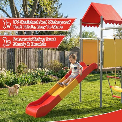 Mersco Playground Sets for Backyards, 440lbs Metal Heavy Duty Sturdy Swing Set with Slide & 2 Swing Seats, Upper Deck with Canopy, Outdoor Swing Sets for Backyard, for Kids