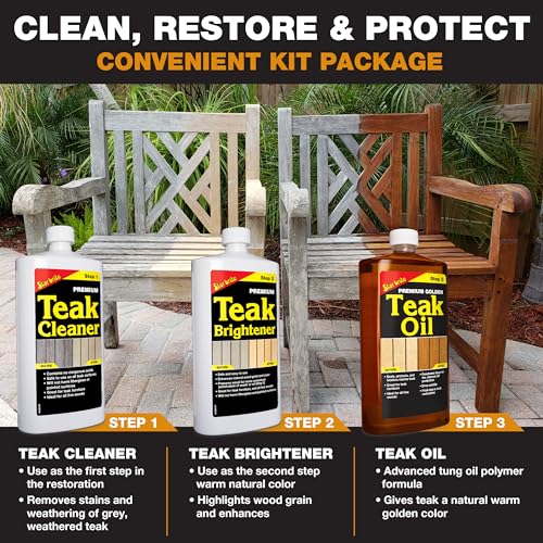 STAR BRITE Teak Kit - Restore Decks, Patio, Outdoor Furniture, Boats & Fine Wood - Marine Grade Teak Cleaner & Brightener Set with Premium Golden Teak Oil Finish - Renew, Refinish & Protect (081202) - style: 32 OZ Kit