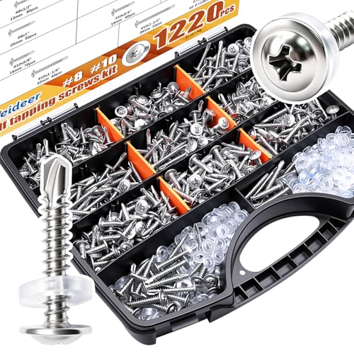 weideer 1220pcs #8#10 Self Tapping Screws for Metal,410 Stainless Steel Sheet Metal Screws Assortment Kit, Truss Head Quick Tapping Self Drilling Screw with Rubber Washer (610 Sets) - size: SV 1220PCS #8#10 Kit