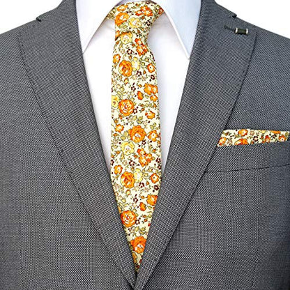 Cotton 2.5-Inch Skinny Floral Tie and Pocket Square Set for Men - color: Beige Orange
