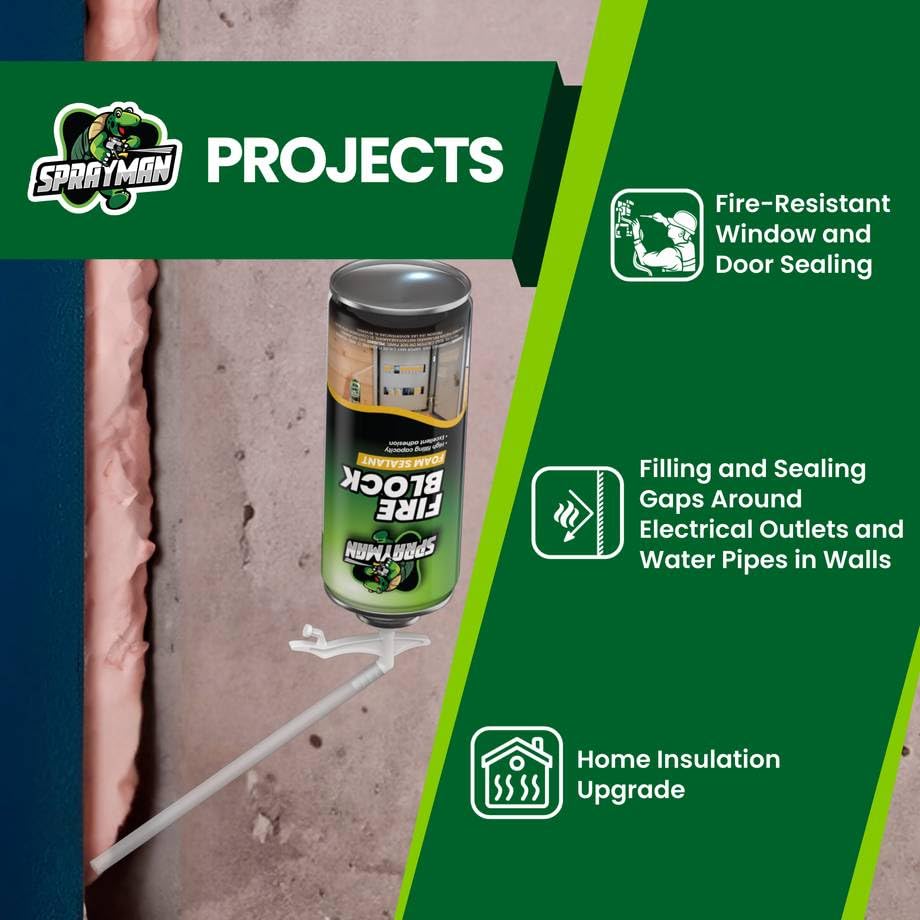 SPRAYMAN Fire Block Spray Foam - (1x12oz) Orange Fire Block Spray, Fire Rated Polyurethane Foam for Gap Filling, Sealing on Windows & Doors, Walls, Joints & Pipes, Straw Use - 1 Pack - size: 1 Pack