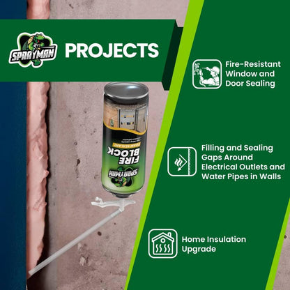 SPRAYMAN Fire Block Spray Foam - (1x12oz) Orange Fire Block Spray, Fire Rated Polyurethane Foam for Gap Filling, Sealing on Windows & Doors, Walls, Joints & Pipes, Straw Use - 1 Pack - size: 1 Pack
