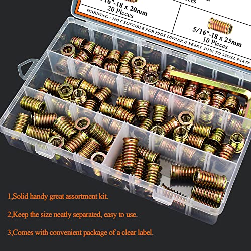 5/16-18 Threaded Inserts, Wood Inserts, Steel Threaded Inserts for Wood Furniture Screw, HELIFOUNER 100 Pieces 5/16"-18 x 13mm/15mm/20mm/25mm Threaded Inserts Kit with Hex Wrench - size: 5/16"-18 Assortment Kit