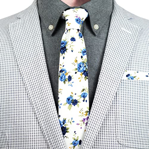 Cotton 2.5-Inch Skinny Floral Tie and Pocket Square Set for Men - color: Blue Rose