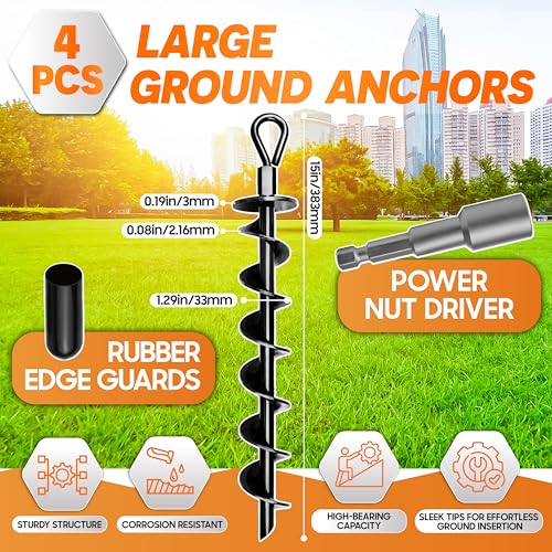 [Premium] 4PCS Ground Anchors Screw in & Power Nut Driver, Swing Set Anchor