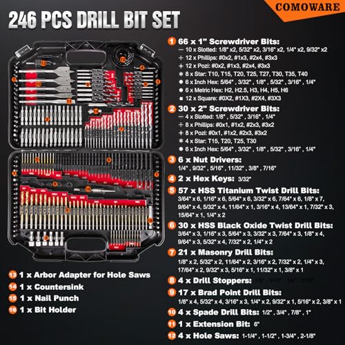 COMOWARE 246 Pcs Drill Bit Set with Case for Wood, Metal, Masonry, Cement and Screwdriver Bits - color: 246 Pcs-Red