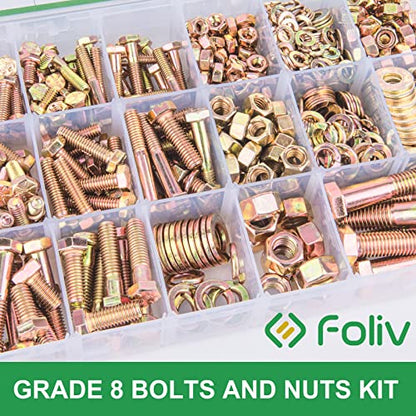 FOLIV 608pcs Grade 8 Bolts and Nuts Assortment Kit, 1/4-20, 5/16-18, 3/8-16, 1/2-13 Heavy Duty Hex SAE Bolts Nuts Washers Assortment Kit - size: 608PCS M6, M8, M10, M12