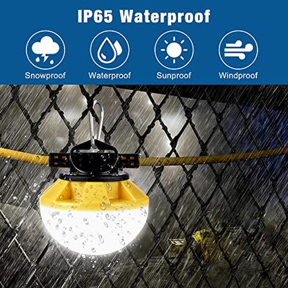 LED Construction String Light 50FT, 50W 6000Lm,18AWG Wire,5000K Linkable String Work Lights with 5 Bulbs & Hooks, Industrial Temporary Lighting for Construction Site, Crawl Space,Job Site,Attic - size: 50FT-2Prong