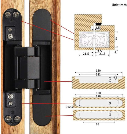 Ranbo 6 Inch Hidden Door Hinge, 3D Adjustable, Zinc Alloy Hardware Kit - size: 6 inch Black
