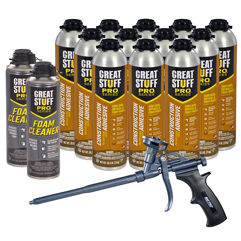 GREAT STUFF PRO Construction Adhesive for Wall & Floor 26.5oz, Polyurethane Foam Adhesive for Subfloors, Drywall & Foam Panels, One Component, Off White, Pack of 12 with Applicator (PTFE Coated Gun) - style: PTFE Coated Gun