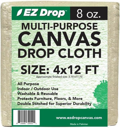 All Purpose Canvas Drop Cloth by EZ Drop - Cotton Duck Dropcloth Tarp for Painting, Construction Debris, Floor & Furniture Protection, Heavy Duty Cover Against Paint, Dust, Dirt (4 ft. x 12 ft.) - size: 4 ft. x 12 ft.
