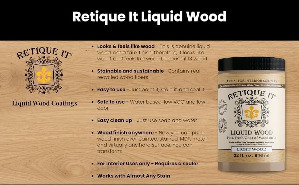 Retique It Liquid Wood - Real Wood Coating (16oz / Light) - color: 1 Light Wood, size: 16 Fl Oz (Pack of 1)