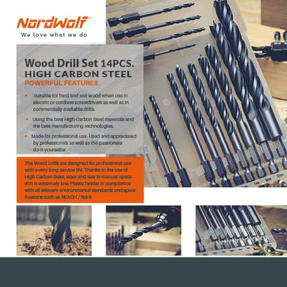 NordWolf 14-Piece Metric Brad Point Wood Drill Bit Set for Carpenter Woodworking, Double Flutes Design with 1/4" Hex Shank for Drills & Impact Drivers, Sizes 2mm to 12mm - size: 5/64" to 15/32" (14 Pcs)