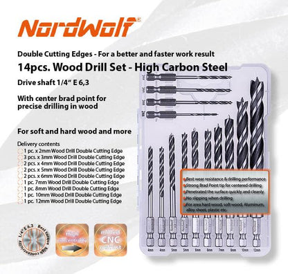 NordWolf 14-Piece Metric Brad Point Wood Drill Bit Set for Carpenter Woodworking, Double Flutes Design with 1/4" Hex Shank for Drills & Impact Drivers, Sizes 2mm to 12mm - size: 5/64" to 15/32" (14 Pcs)