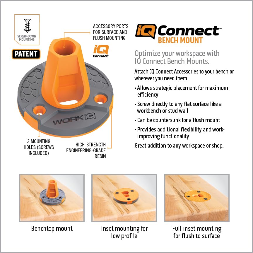 Work IQ Tools IQ Connect Bench Mount | Screw-Down Port for IQ Connect Accessory System | Reversible Design, Surface Mount and Flush Mount Options - style: Bench Mount