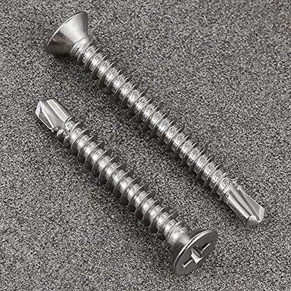 Wensilon（150pcs）#8×2”for Sheet Metal Self-Tapping Screws 410 Stainless Steel Flat Head High-Strength Quick self-Drilling Screws - color: Silver, size: #8X2"