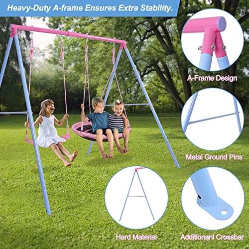 Lunafun Swing Set, 440lbs, Heavy-Duty A-Frame Metal Outdoor SwingStand, 1 Saucer & 1 Belt Swing seat for Playground, Backyard Pink - color: Pink
