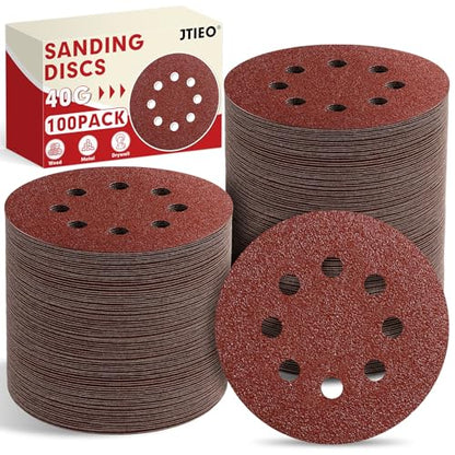 JTIEO 100PCS Sanding Discs 40 Grit, 5 Inch Orbital Sander Pads, Hook & Loop Sandpaper Pads, 8 Hole Round Sanding Discs for Random Orbital Sanders - style: 40Grit-100pcs