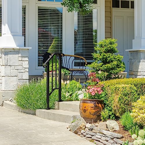 Outdoor Handrail for 1-2 Steps, Real Iron Step Railing with Stainless Mounts Powder Coated Safety Rail Garden Steps Heavy Duty Hand Rail for Entryway Matte Black