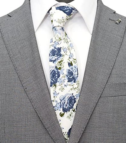 Cotton 2.5-Inch Skinny Floral Tie and Pocket Square Set for Men - color: Cyan