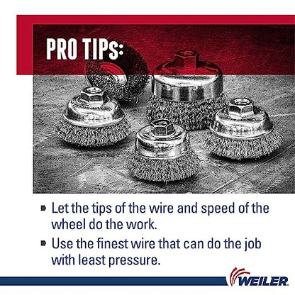 Weiler 13245 3" Crimped Wire Cup Brush, .014" Steel Fill, 5/8"-11 UNC Nut, Made in the USA - size: 3" Dia, style: .014" Wire Size x 1" Trim Length