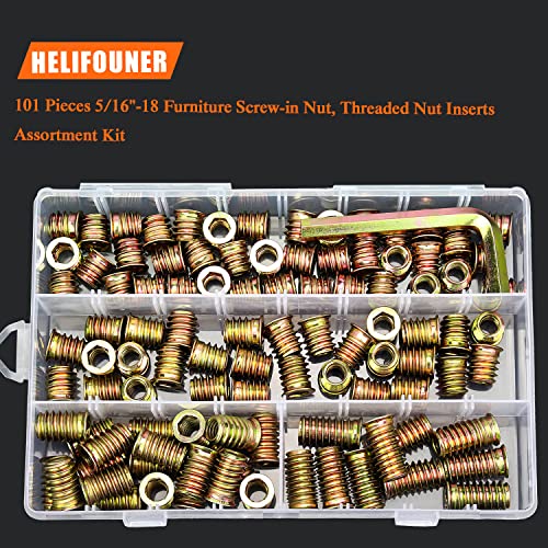 5/16-18 Threaded Inserts, Wood Inserts, Steel Threaded Inserts for Wood Furniture Screw, HELIFOUNER 100 Pieces 5/16"-18 x 13mm/15mm/20mm/25mm Threaded Inserts Kit with Hex Wrench - size: 5/16"-18 Assortment Kit