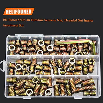 5/16-18 Threaded Inserts, Wood Inserts, Steel Threaded Inserts for Wood Furniture Screw, HELIFOUNER 100 Pieces 5/16"-18 x 13mm/15mm/20mm/25mm Threaded Inserts Kit with Hex Wrench - size: 5/16"-18 Assortment Kit
