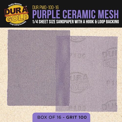 Dura-Gold 100 Grit 1/4 Sheet Size Purple Ceramic Mesh Sandpaper, Box of 16 - style: 100 Grit