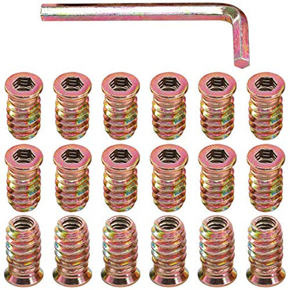 Glarks 50Pcs 1/4"-20x20mm Threaded Inserts Nuts Zinc Plated Carbon Steel Hex Socket Drive Furniture Flanged Screw-in Nut with M6 Hex Wrench for Wood Furniture (1/4"-20 x 20mm) - size: 1/4"-20 x 20mm