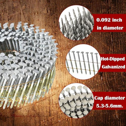 findmall 3600 Count Siding Nails 2-1/4 Inch by .092 Inch 15 Degree Ring Shank Hot-Dipped Galvanized Collated Wire Coil - size: 2-1/4inch