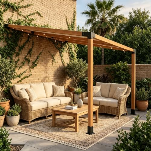 4 PCS Iron Pergola Brackets with 2 Post Bases & Covers - size: 8-Pc Wall Kit: 2 Brackets+2 Corners+2 Bases&Covers