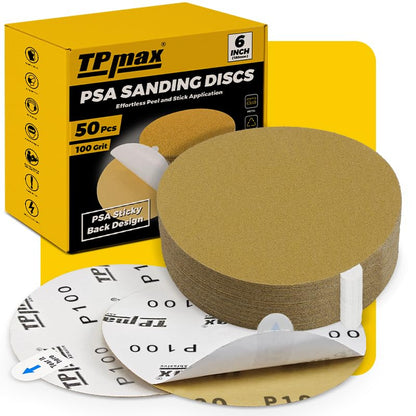 TPmax 6-Inch 100-Grit Gold PSA Sanding Discs, 50 Pack – Pro-Grade Self-Adhesive Stickyback Sandpaper with Quick-Release Tabs for DA Sander, Medium-Coarse Automotive/Wood/Metal Sanding - style: 100 Grit