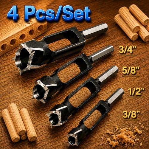 Wood Tenon Dowel Plug Cutter 4Pcs Set - Tenon Cutter Plug Maker Woodworking Drill Bit - size: 4pcs set