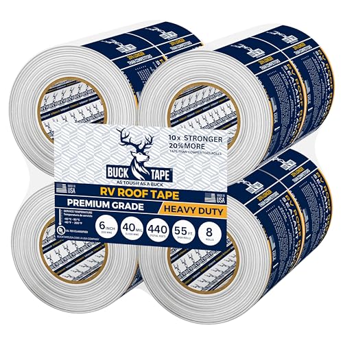 8 Pack Buck RV Roof Sealant Tape – 6 Inch x 55ft, 40 Mil – Waterproof RV Tape for Roof Repair, Seams, Skylights, Vents & Window Leaks on Camper, Trailer & Boat, UV Resistant & Weatherproof, White - size: 6 Inch, style: 8 Pack