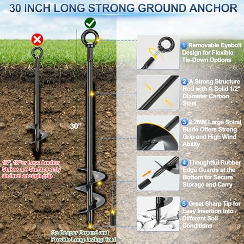 Shed Anchor Kit, All-Black Ground Anchor w/Wire Rope & Fasteners