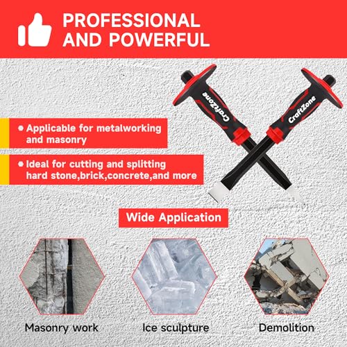 Masonry Chisel Set - 2-Piece Heavy Duty Pointed & Flat Rock Chisels, Concrete Stone Chisel with Hand Protection for Brick Breaking Carving Splitting Cutting Mason Tools - size: 2pc